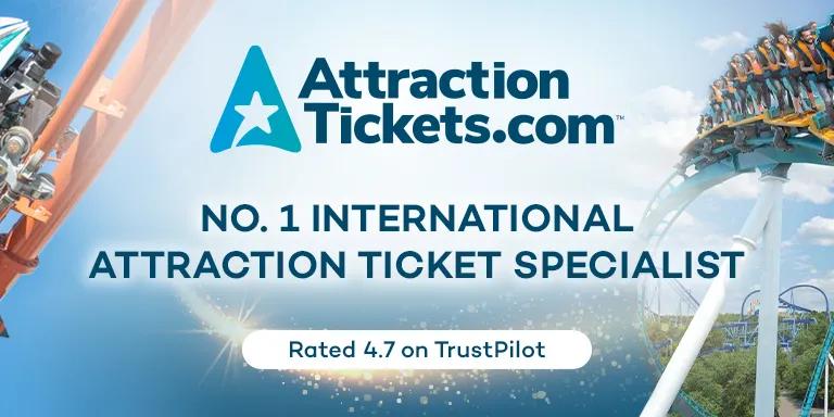 A banner with two rollercoasters, the AttractionTickets.com logo and "The Number 1 International Attraction Ticket Specialist"