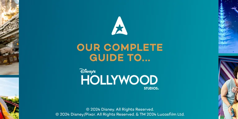 A banner with the title 'Our complete guide to Disney's Hollywood Studios' surrounded by images of families in the theme park