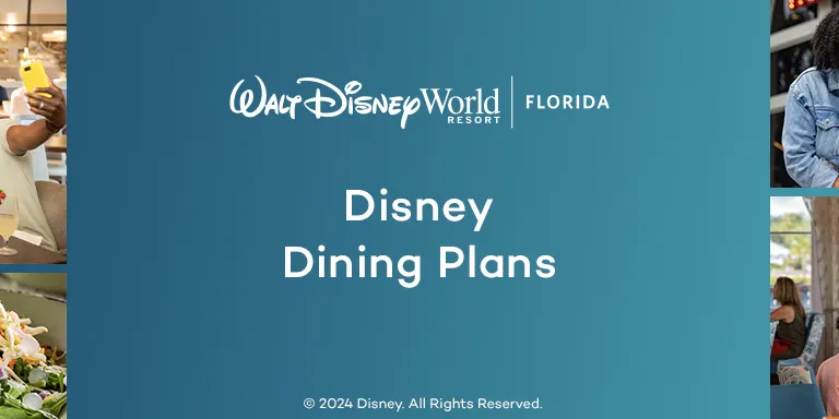 A banner with the text 'Disney Dining Plans' surrounded by images of food and dining