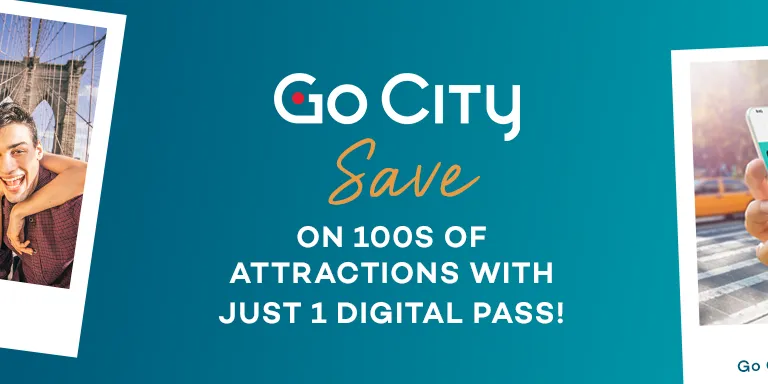 Blue banner with Go City logo on and text "Save on 100s of attractions with just 1 digital pass!". On either side there are 2 polaroid's, from left to right there is: a couple stood overlooking Tower Bridge with the text 'London Tower Bridge', a couple smiling on Brooklyn Bridge with caption 'New York Brooklyn Bridge', a hand holding a phone with a Go City pass on with the caption 'New York Go City Sightseeing Pass and finally a woman on a steep yellow waterslide which drops down into a pool of sharks.