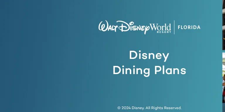A banner with the text 'Disney Dining Plans' surrounded by images of food and dining