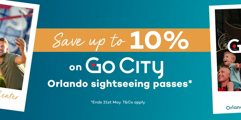 Blue banner with the text "Save up to 10% on Go City Orlando sightseeing passes". There are four polaroid's from left to right showing: an airboat in the Everglades with the Go City logo, four people stood in front of giant globe sign taking a selfie at Kennedy Space Center, a kid sat on his dads shoulders in front of a rocket display and a man stood next to an alligator at Gatorland.