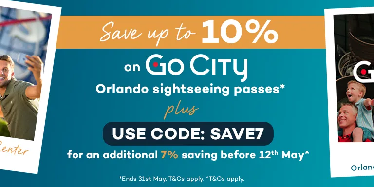 Blue banner with the text "Save up to 10% on Go City Orlando sightseeing passes plus use code: SAVE7 for an additional 7% saving before 12th May". There are four polaroid's from left to right showing: an airboat in the Everglades with the Go City logo, four people stood in front of giant globe sign taking a selfie at Kennedy Space Center, a kid sat on his dads shoulders in front of a rocket display and a man stood next to an alligator at Gatorland.