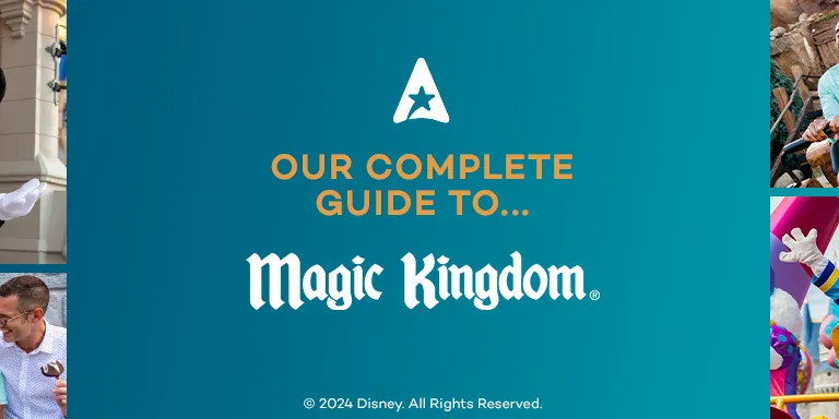 Blue banner which says "Our complete guide to... Magic Kingdom" under the Attraction Ticket logo. To the left there are four images, a girl stood watching the dumbo ride spinning around, a dad holding his son with matching mickey ear hats on, Mickey in front of the castle and a family laughing and eating ice cream.  To the right there are four more images including a family on a rollercoaster, Donald Duck on a float, girls with balloons eating pretzels and a mom and daughter on Toy Story shooting ride.