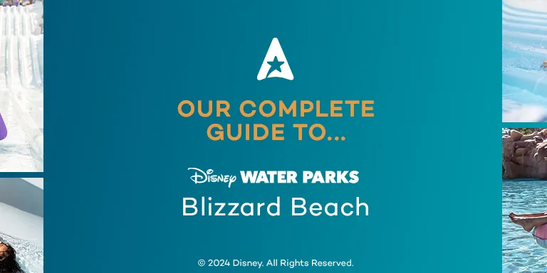 Text on banner saying "Our complete guide to Disney water parks Blizzard Beach" with an AttractionTickets.com logo above (A with a star in the middle). There are many images on either side of people enjoying the water park, some guests on slides, some relaxing on rubber rings in the pools, some of the iconic ski slope and chairlift and some showing the fear of guests falling down Summit Plummet.