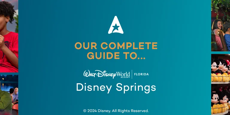 Text which says "Our complete guide to Disney Springs with the AttractionTickets.com logo above (a white capital A with a star inside). There are images either side of the text with people shopping, eating, a hot air balloon and a large teddy bear of Minnie Mouse, a black mouse with beige details wearing a red dress with white polka dots on. 