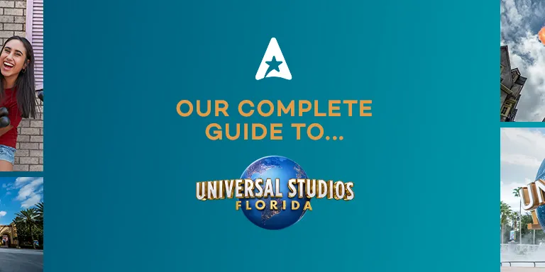 White logo of an A with a star in it, there is text which says "Our complete guide to" and below is the Universal Studios logo with a globe on it. There are images of the park, including a woman meeting a minion, a woman stood in Diagon Alley looking up at a fire breathing dragon, a kid meeting a large metal robot called a transformer, people screaming whilst riding a red ride and a family walking in front of the Universal logo statue.