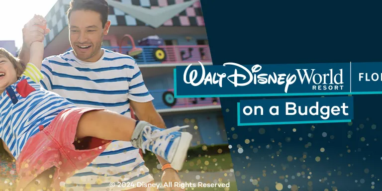 A banner featuring parents swinging their child labelled Walt Disney World on a Budget