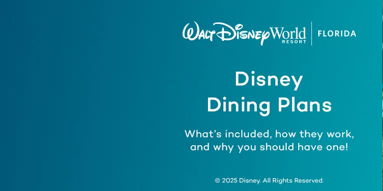 A banner with the title Disney Dining Plans and images of people eating and drinking in Walt Disney World
