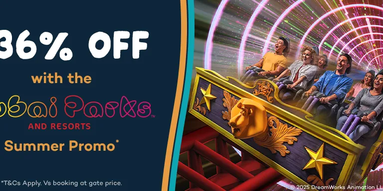 Summer promo image highlighting 36% off ticket prices at Dubai Parks & Resorts
