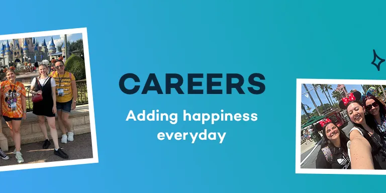 Blue banner with text: Careers adding happiness everyday and then there are four images of employees enjoying the products we sell. Some in front of the castle in Halloween merchandise, some in scuba suits at Discovery Cove and others at Universal Orlando Resort.