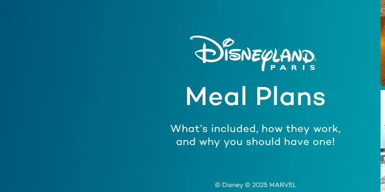 A banner of dining images with the title Disneyland Paris meal plans