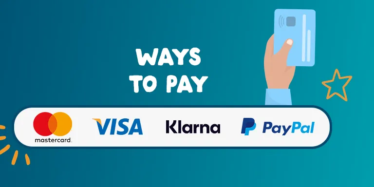 Blue banner that says 'Ways to Pay' with a row of ways to pay including visa, mastercard, klarna and paypal