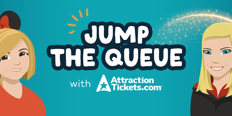 Text saying "Jump the Queue with AttractionTickets.com" and there are two blonde cartoon women, one with short hair and Minnie Mouse ears on her head and the other wearing a black cape and holding a wand.