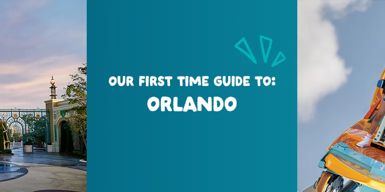 Desktop banner for the "Our First Time Guide to Orlando," showing an illuminated theme park entrance and riders on a high-speed roller coaster.