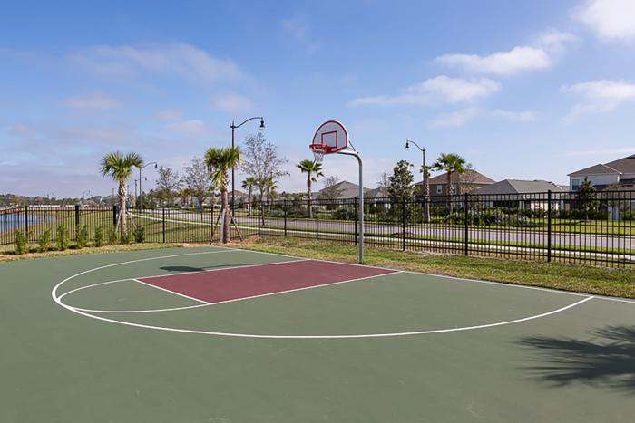 Fenced outdoor basketball court with a green and red surface surrounded by palm trees
