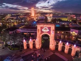 The entrance arches to Universal Studios Florida decorated for Halloween Horror Nights