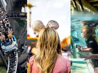 Three images of a rollercoaster, a woman facing away from the camera wearing Minnie ears, and two children snorkelling