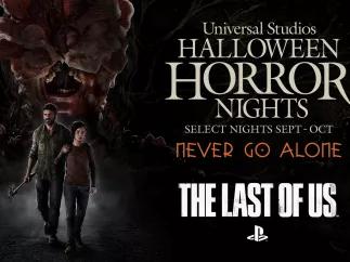 A Universal Studios Halloween Horror Nights promotional image of Ellie and Joel from The Last of Us walking away from a large Infected creature. 