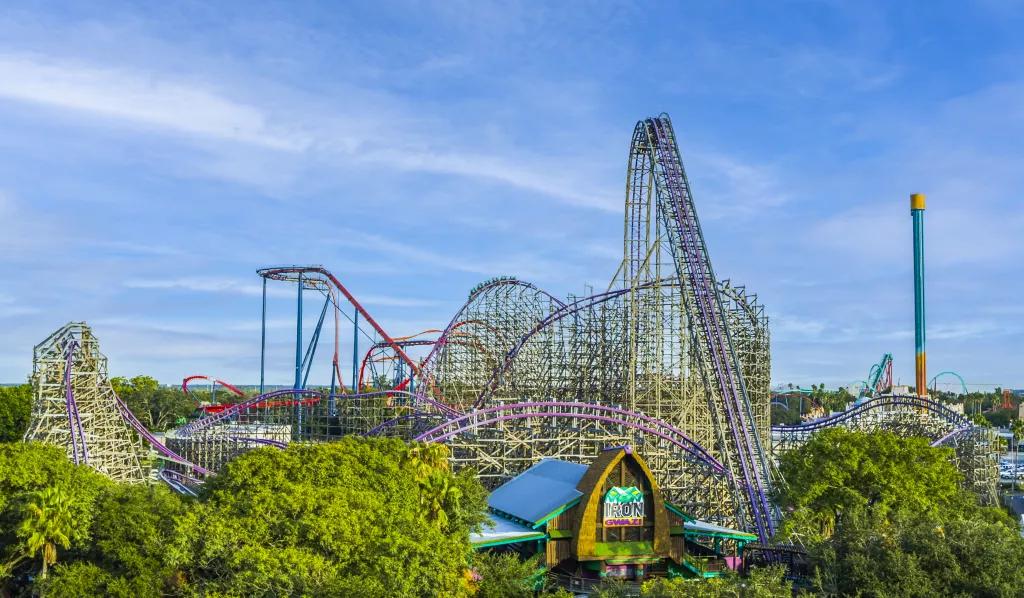 Aerial view of the Iron Gwazi rollercoaster at Busch Gardens