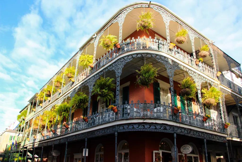 The outside of an ornate building in New Orleans' French Quarter