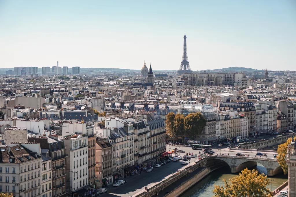 Aerial view of Paris with the Eiffel Tower in the background