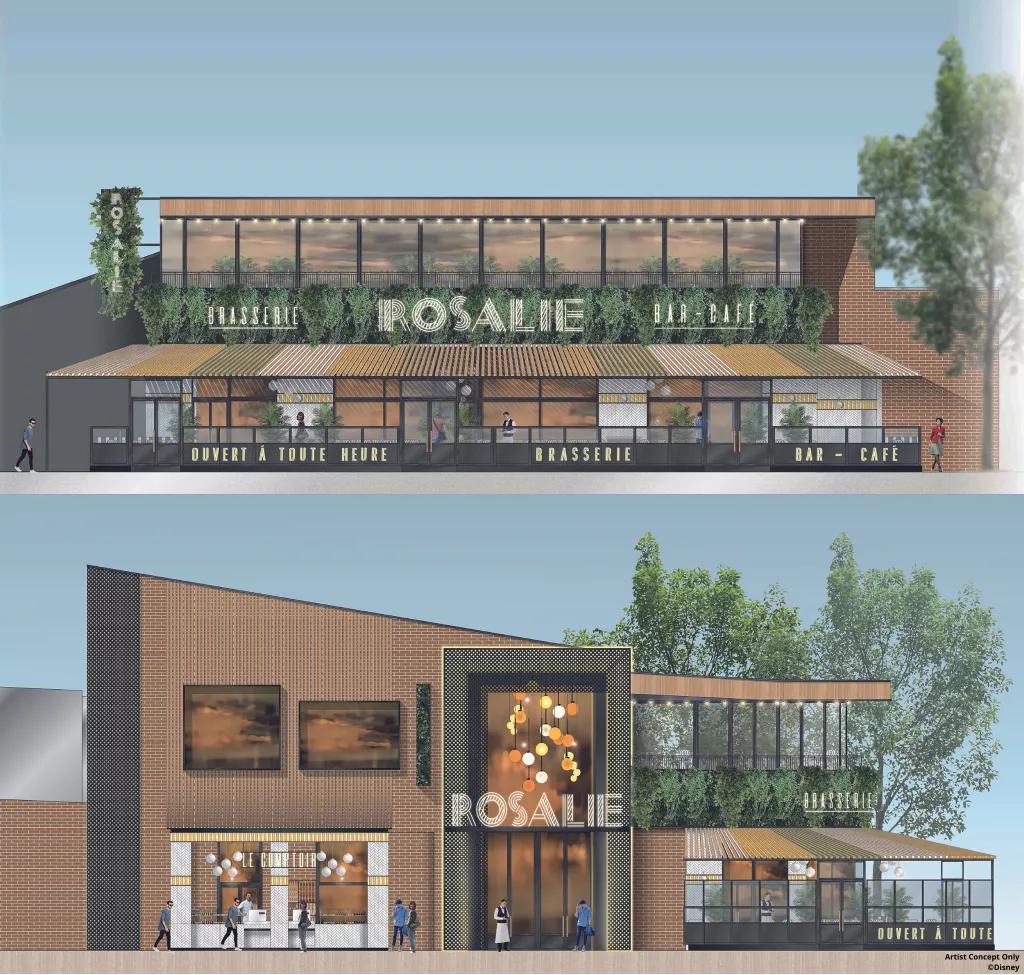 Concept art of the outside of the new Rosalie Brasserie at Disney Village