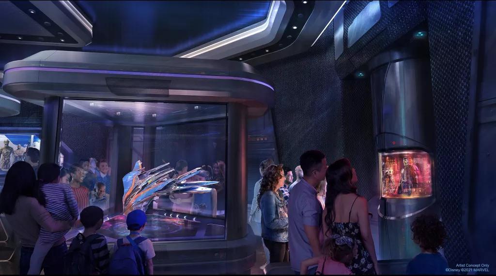 Concept art of people in the Guardians of the Galaxy: Cosmic Rewind waiting area