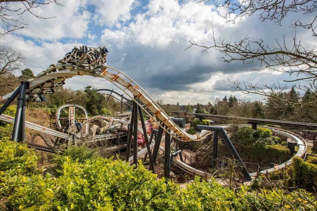 A wide shot of the Nemesis rollercoaster at Alton Towers