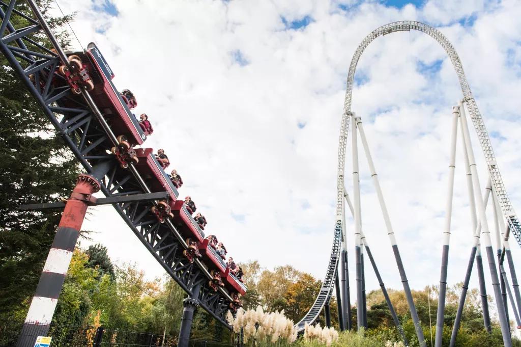 The Stealth Rollercoaster about to go up a large loop