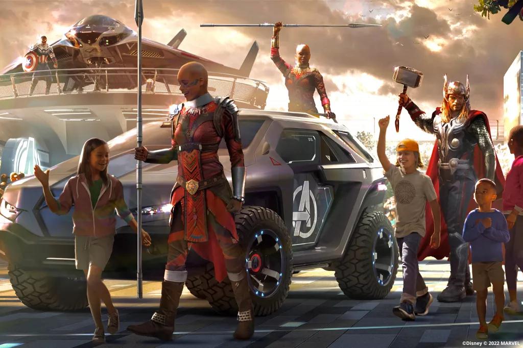 Young guests with the Dora Milaje and Thor walking through Avengers Campus