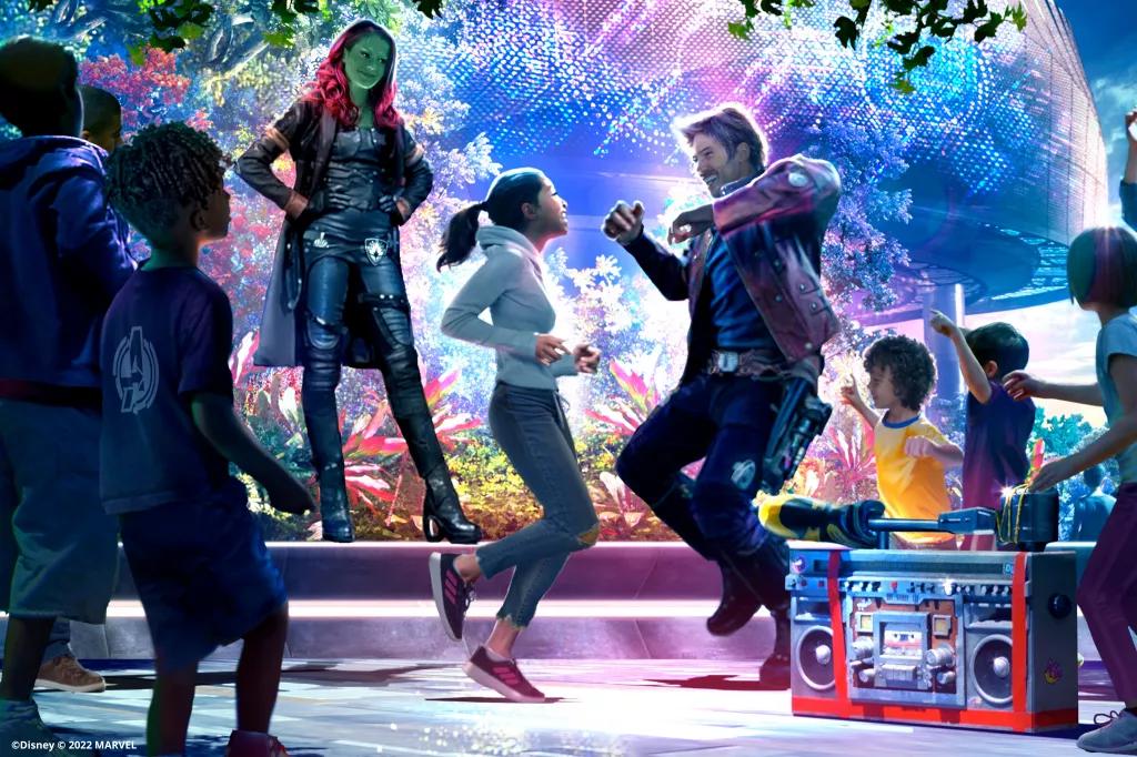 Concept art of Star-Lord and Gamora in a dance off with guests at Avengers Campus