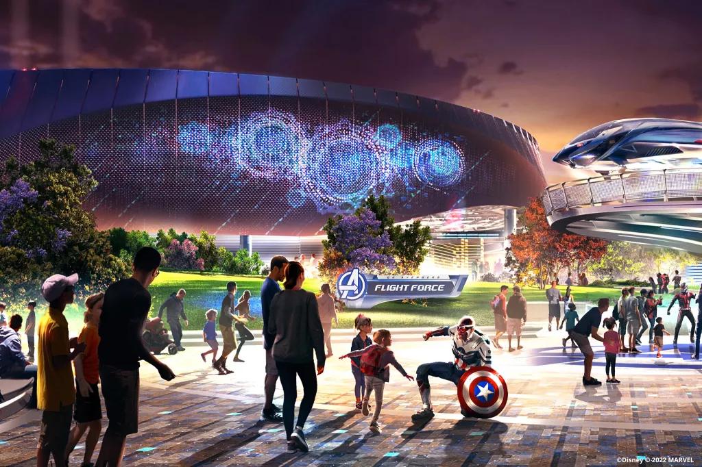 Concept art of the Avengers Assemble Flight Force building with Captain America meeting guests