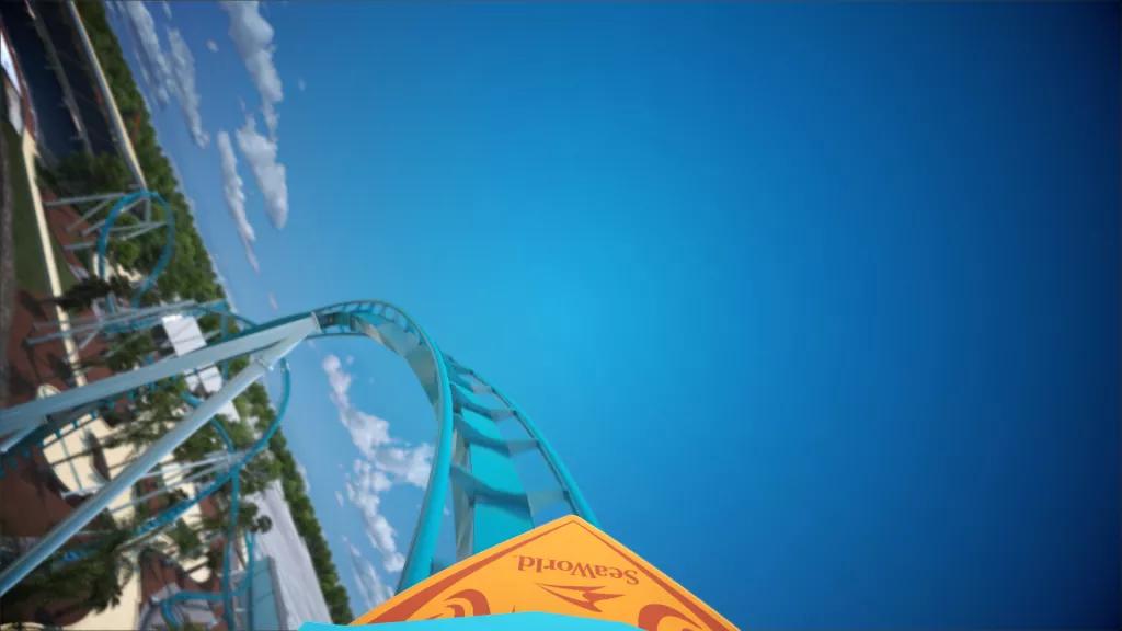 Digital concept art of a ride vehicle about to go down a drop on the new coaster at SeaWorld