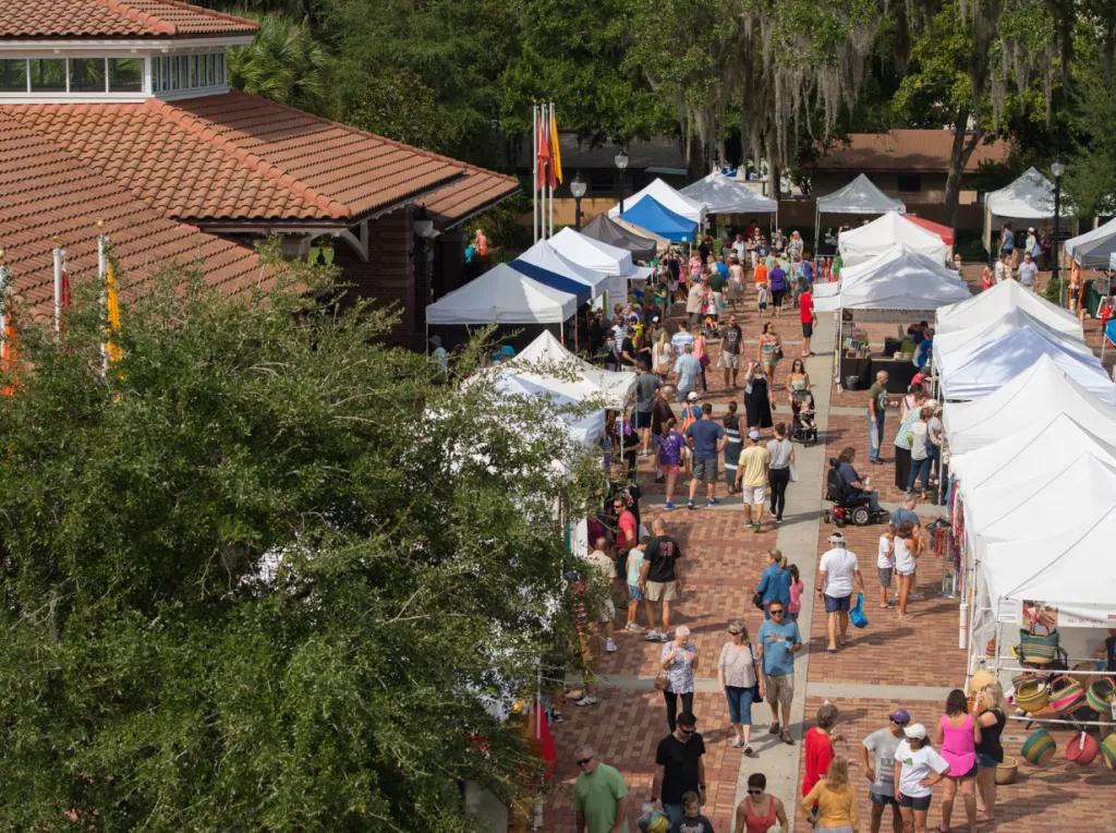 An aerial shot of people walking through the Winter Garden Market