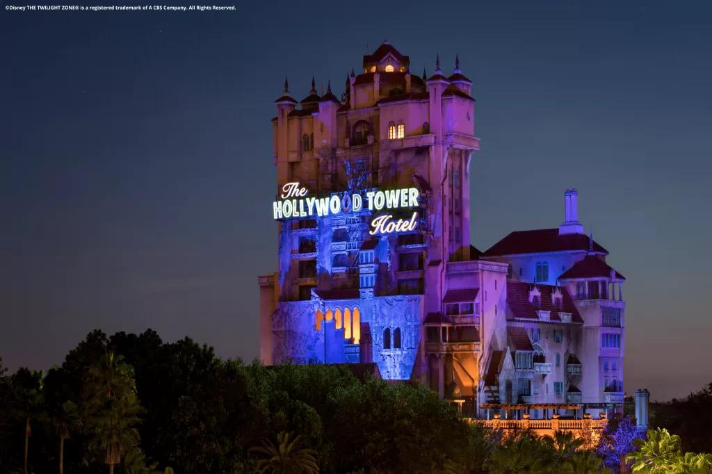 The Twilight Zone Tower of Terror lit up at night