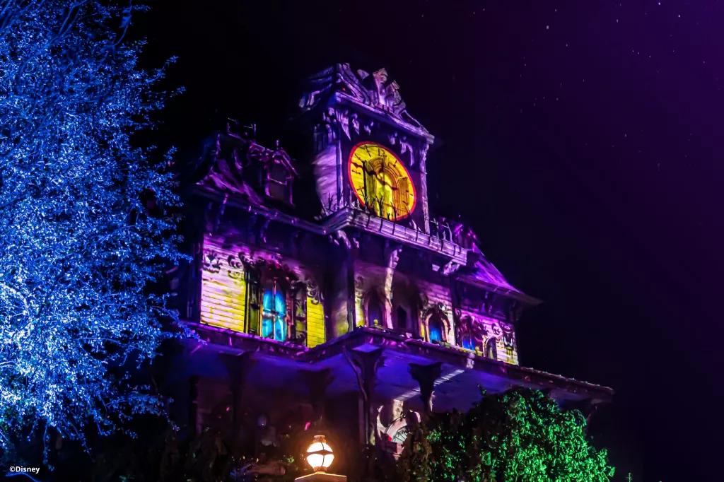 Phantom Manor lit up for projections at nighttime