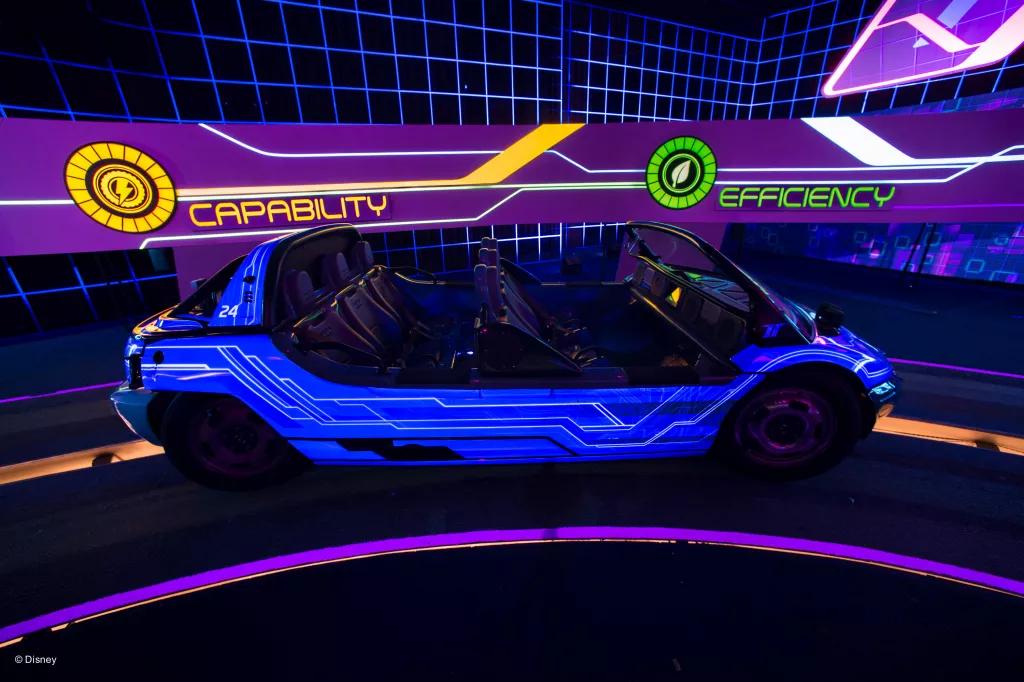 A ride vehicle lit up inside Test Track