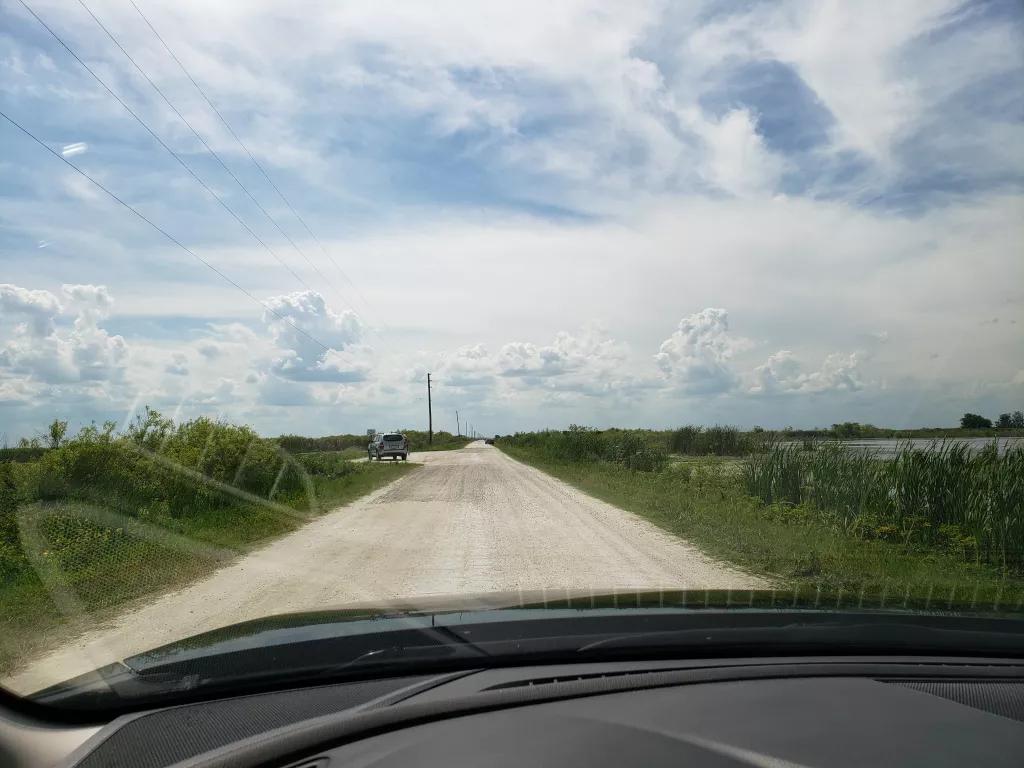 View of Lak Apopka Wildlife Drive through the windshield of a car
