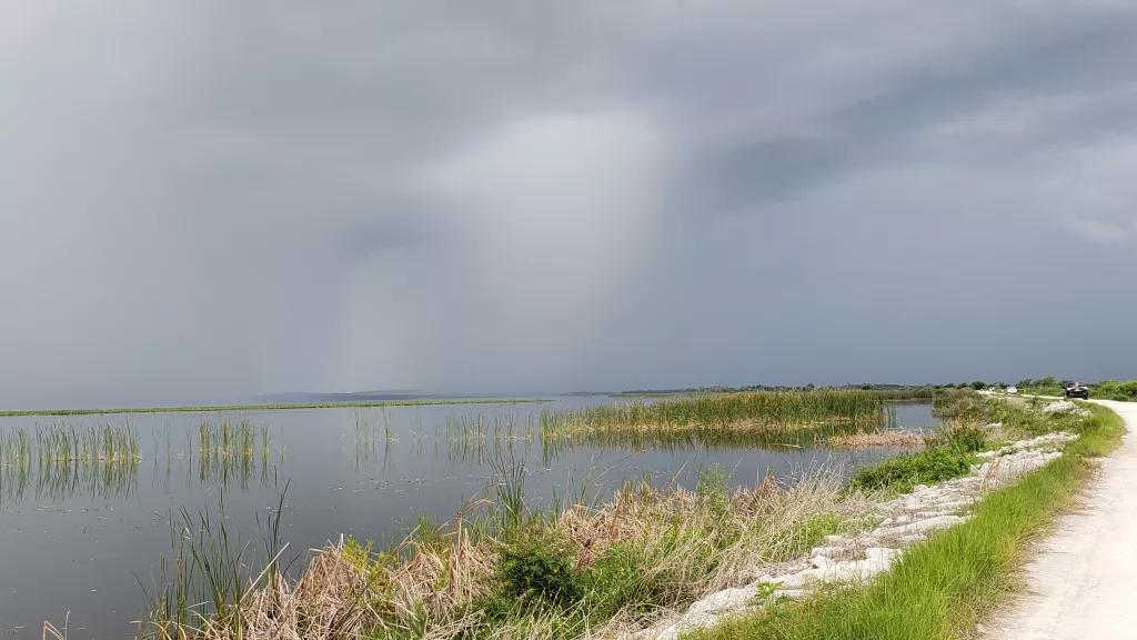 View from the banks of Lake Apopka with grassy banks in the foreground and a grey stormy sky in the background