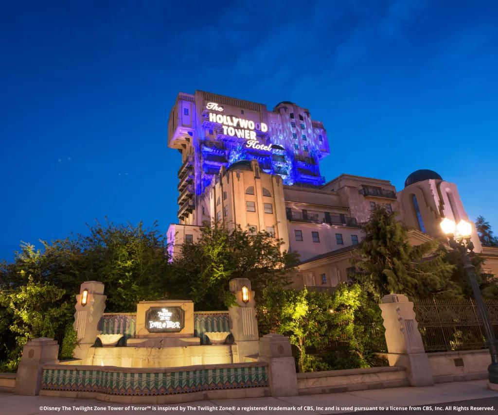 The Twilight Zone Tower of Terror lit up at night
