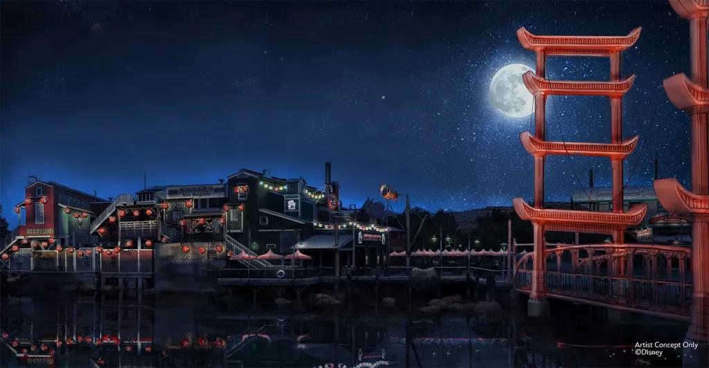 Concept art of 'San Fransokyo' in California Adventure, including a Japanese style Golden Gate Bridge