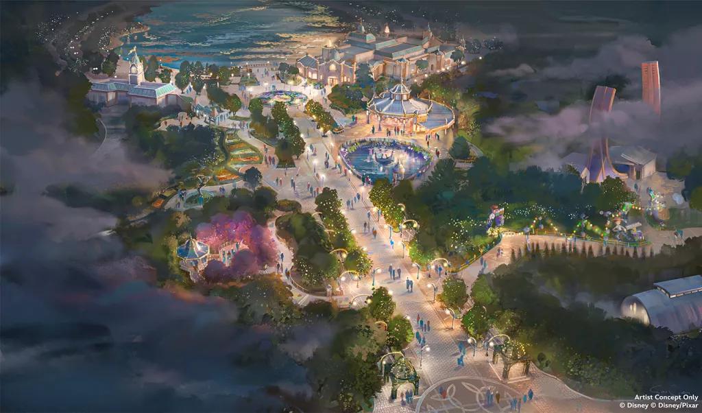 Concept art of a new walkway and gardens including a Tangled boat ride