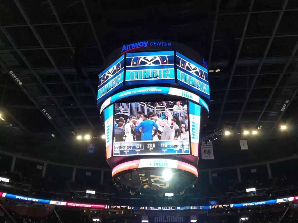 Looking up at the big highlights screen about the court at the Amway Center
