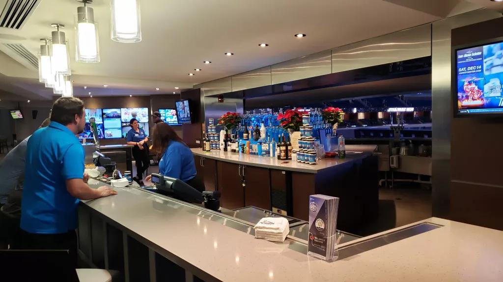 One of the bars at the Amway Center looking out over the basketball court
