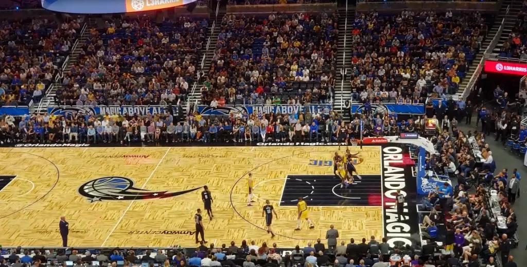 Looking down on the basketball court during an Orlando Magic game