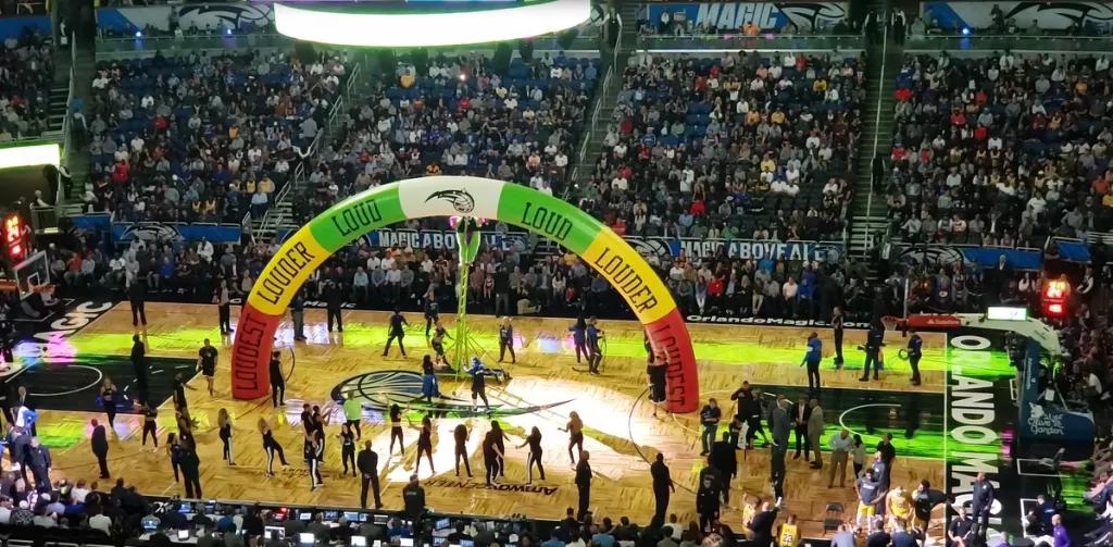 Cheerleaders on a basketball court for the pre-game show 