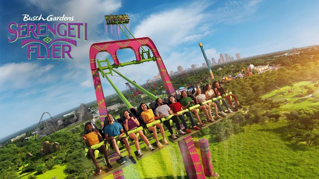 Concept art for Serengeti Flyer, with guests on the ride swinging above Busch Gardens