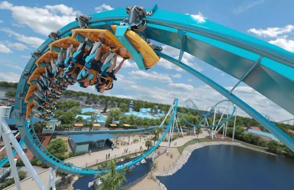 Concept art of an inversion on Pipeline: The Surf Coaster