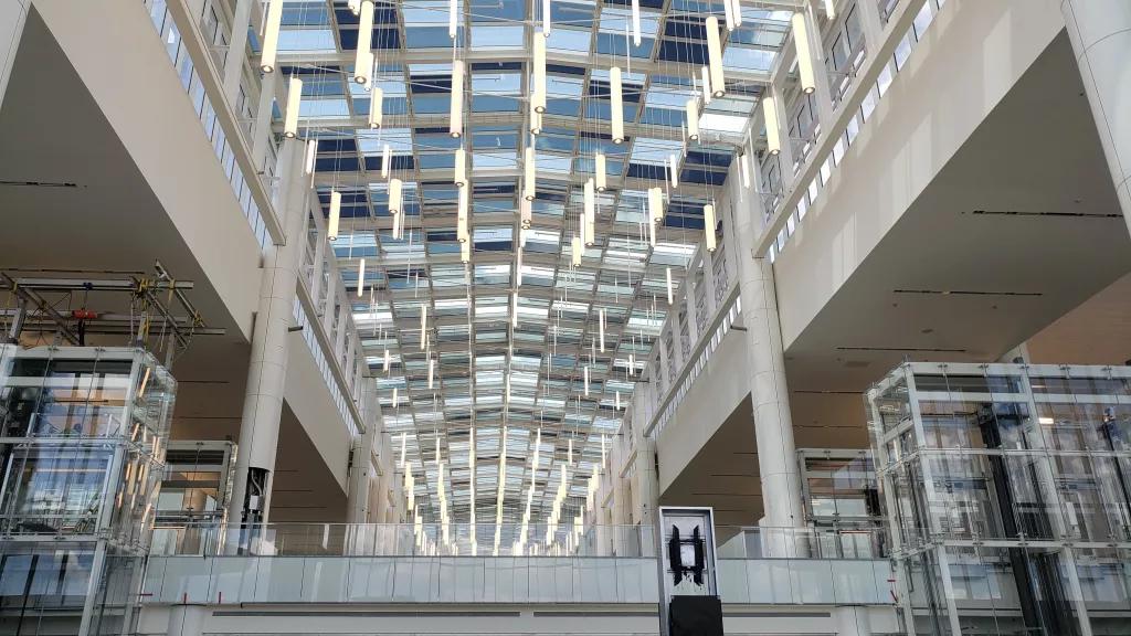 The ceiling of the new Terminal C at Orlando International Airport made up of multiple glass panels